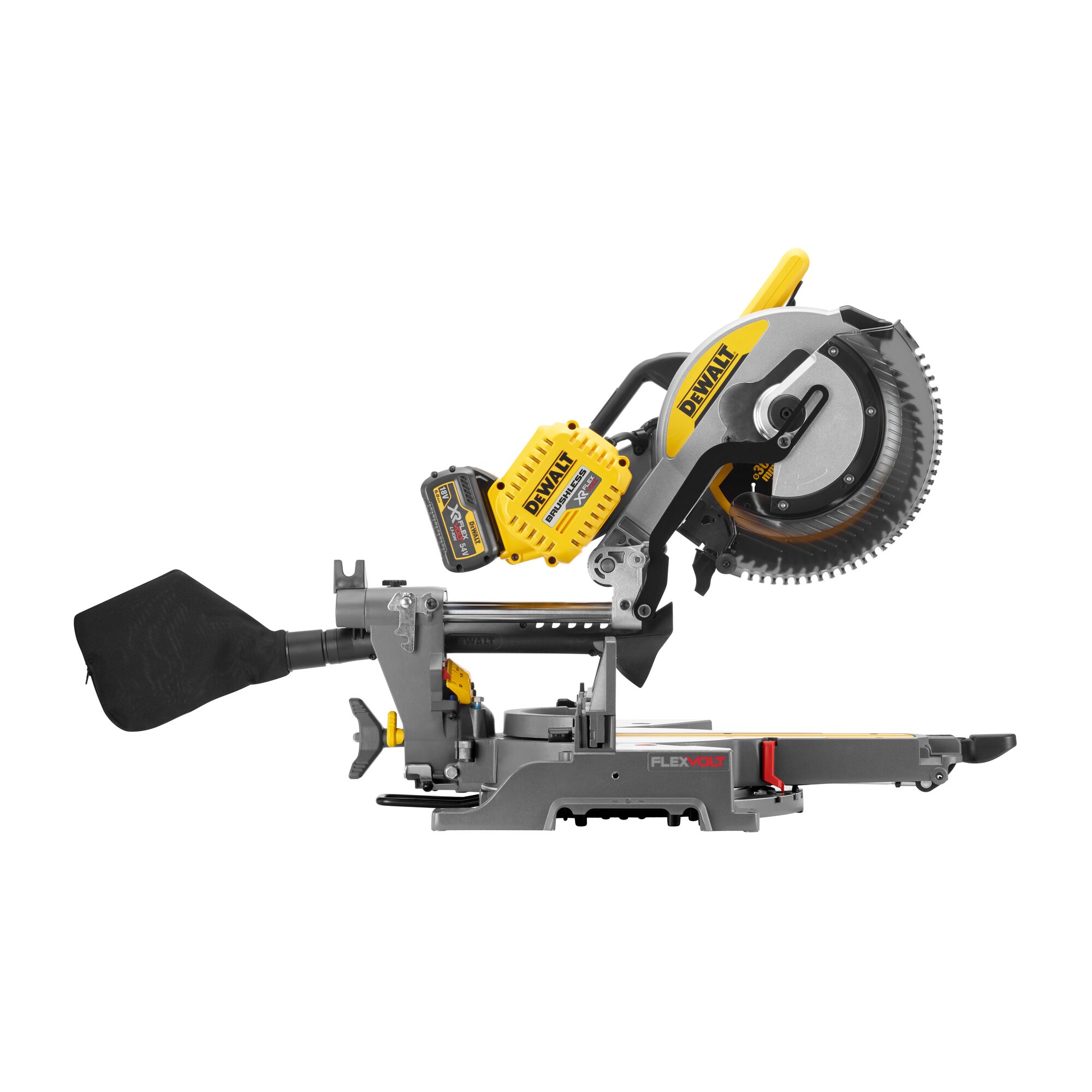 A DEWALT cordless sliding compound miter saw, model DHS780T2, shown in profile view. The tool has a yellow and black color scheme, a circular saw blade, extendable arms, and a dust collection bag attached to the back.