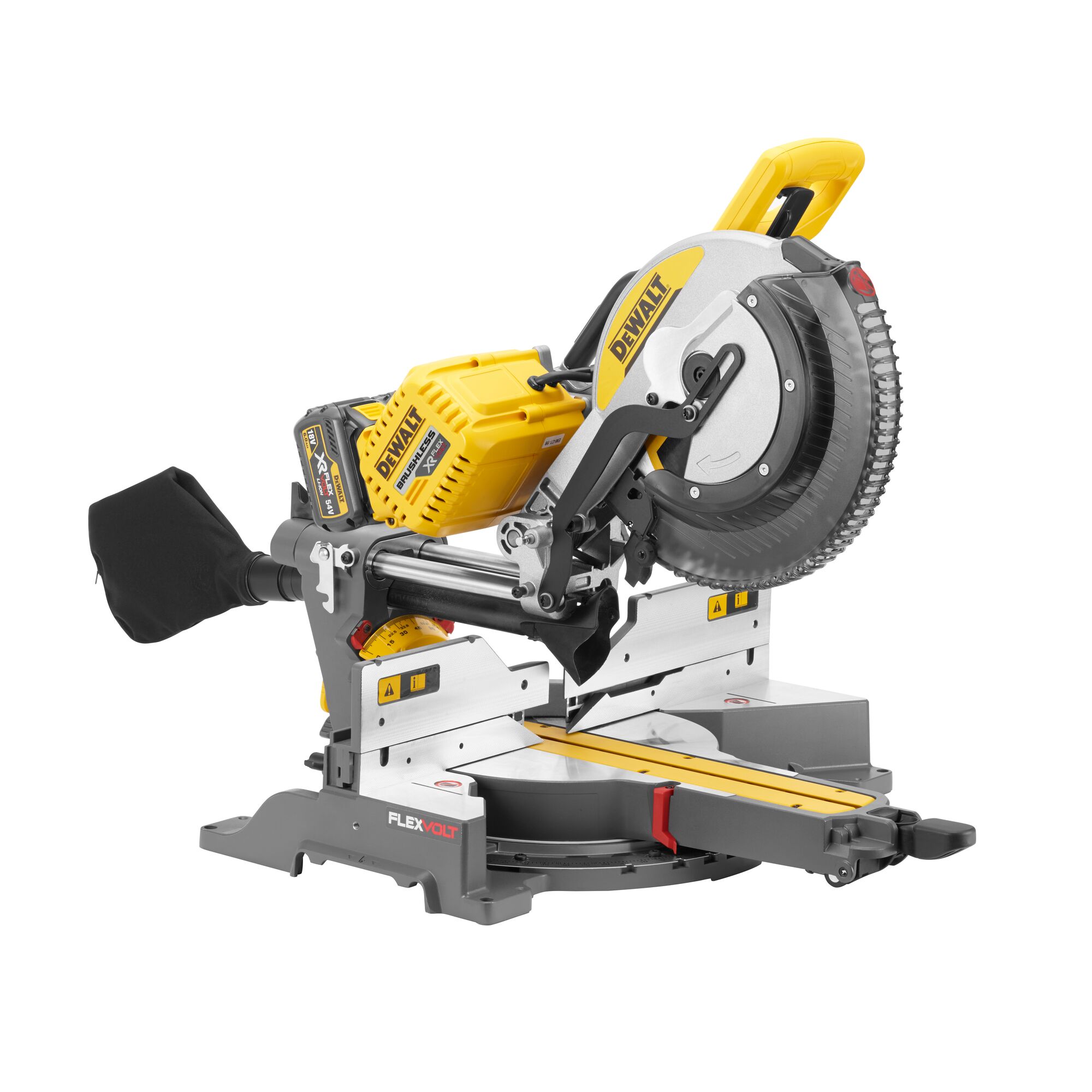 A DEWALT branded sliding compound miter saw with a yellow and black design, featuring a large circular blade, adjustable angles, and a dust collection bag, model DHS780T2.