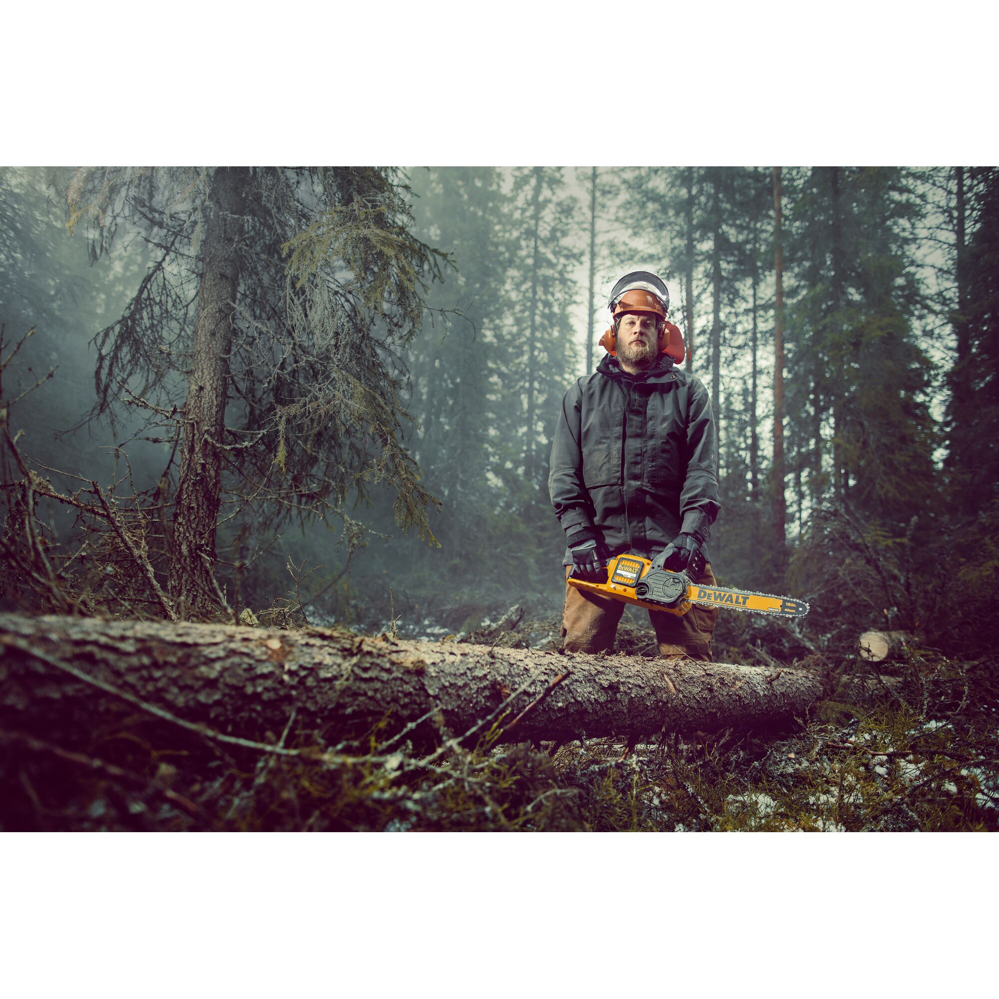 A person wearing protective gear stands in a forest holding a DEWALT chainsaw, next to a fallen tree trunk. The forest is misty and dense with tall trees.