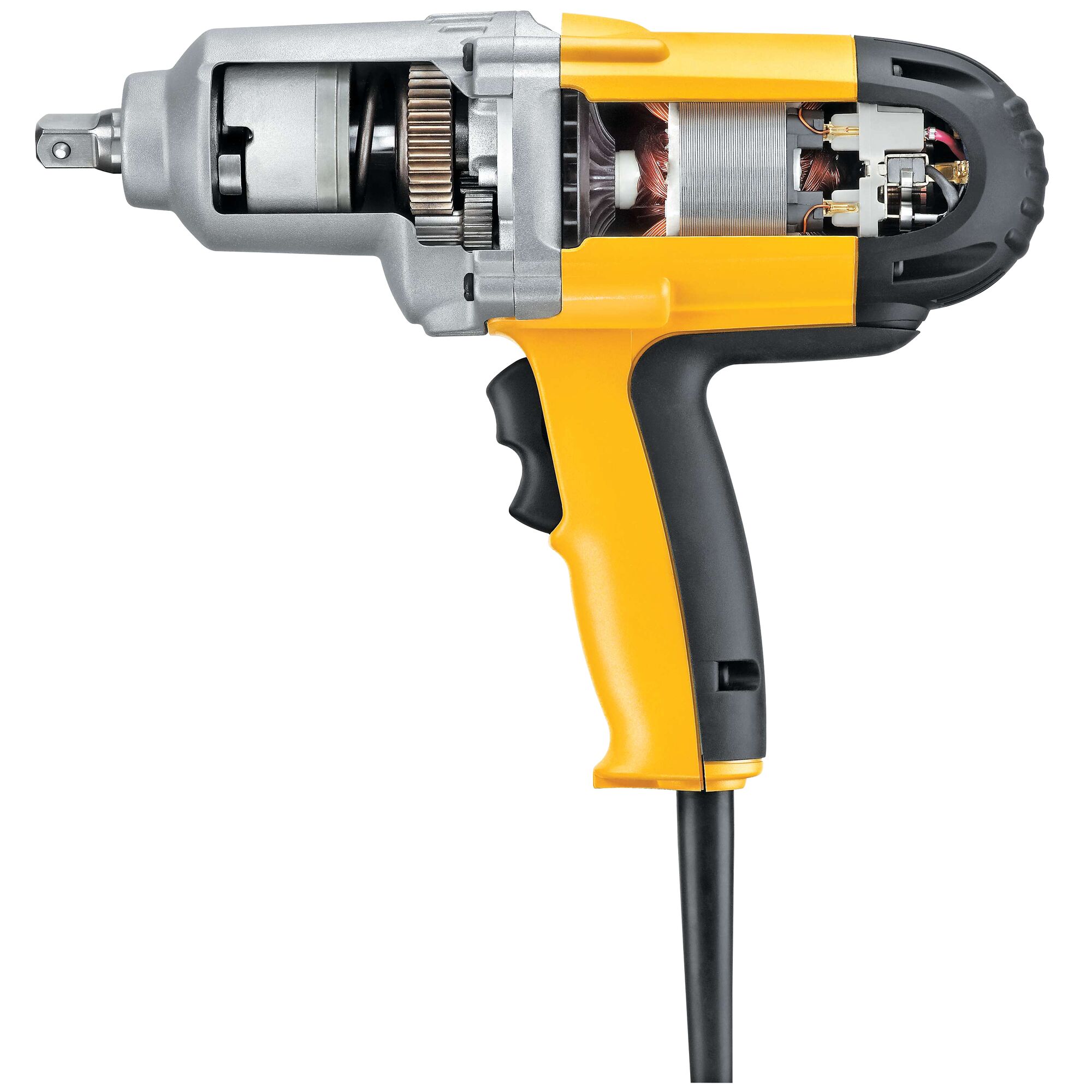 A corded electric impact wrench with a section cut open to display its internal components, including gears and motor parts. The tool is predominantly yellow and black.
