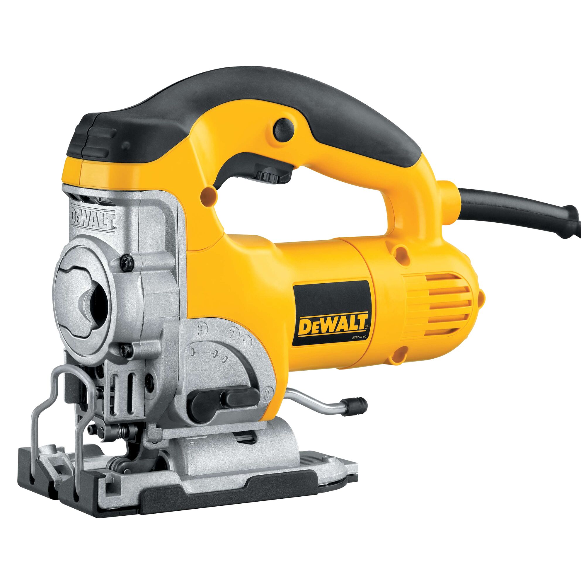 A DEWALT DW331K electric jigsaw tool with a yellow and black body, designed for cutting various materials. The tool is shown from the side, with visible blade mechanism, handle, and cord.