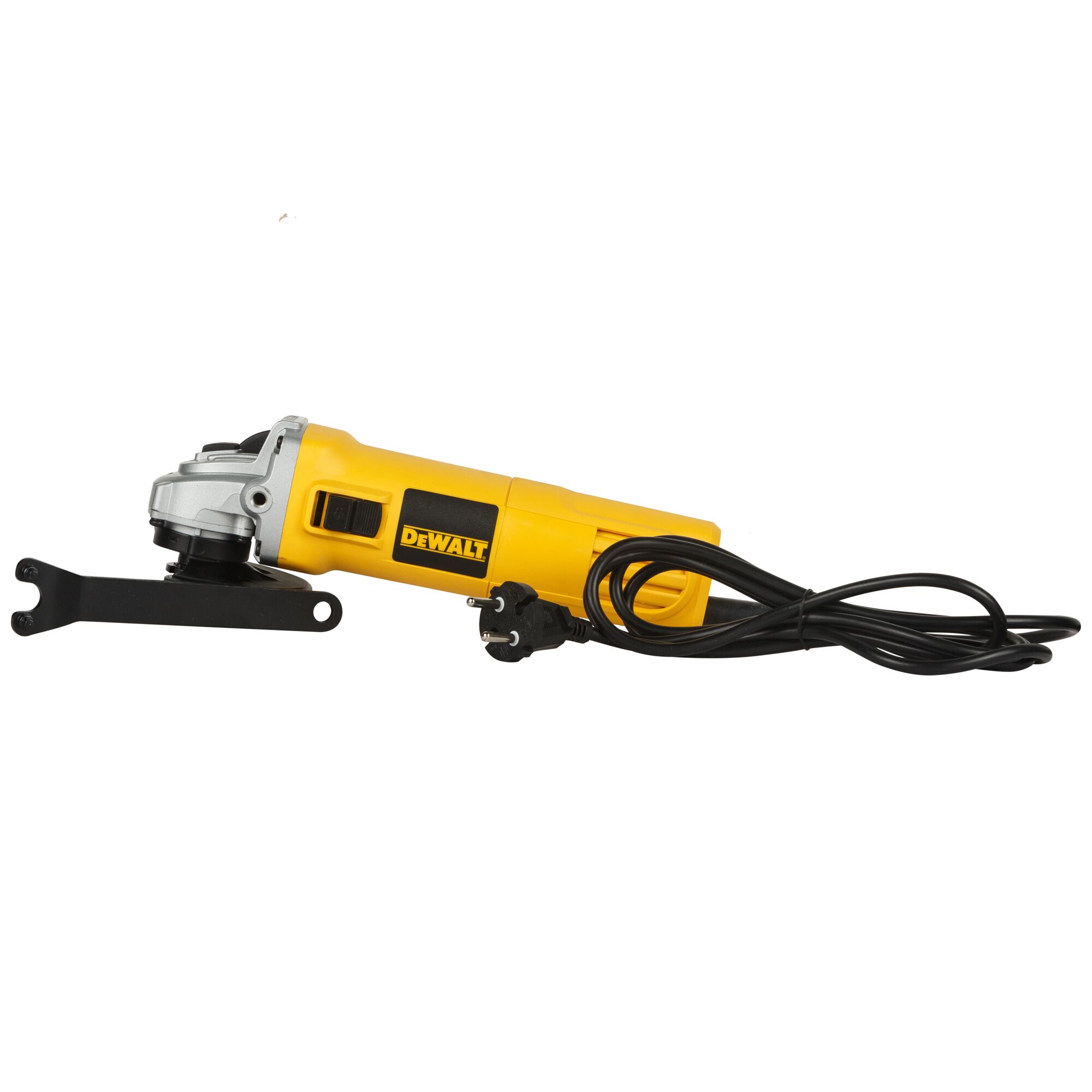 A yellow DEWALT electric angle grinder with a black power cord and a metal wrench attachment, viewed from the side against a white background.