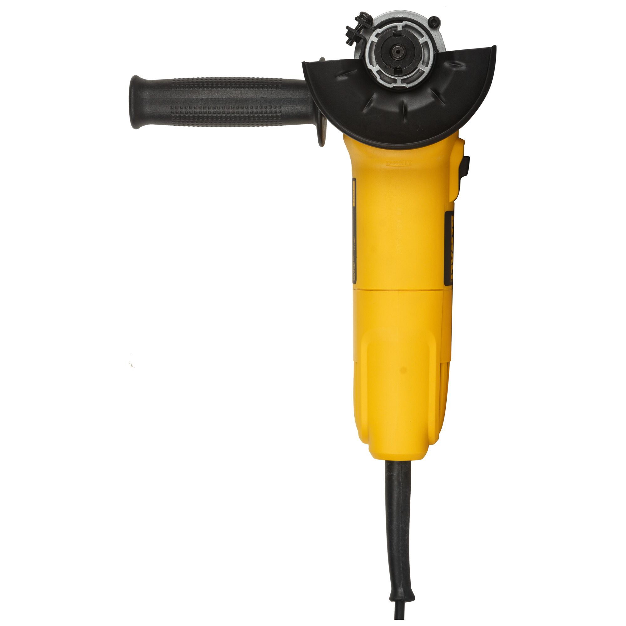 A yellow DEWALT DW802 angle grinder power tool with a black handle and protective guard, viewed from above.