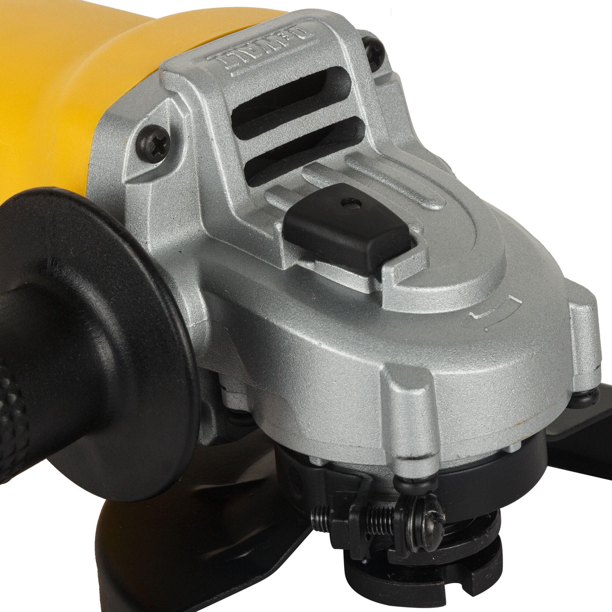 Close-up view of a DEWALT DW802 angle grinder, showing the handle and metallic housing of the power tool.