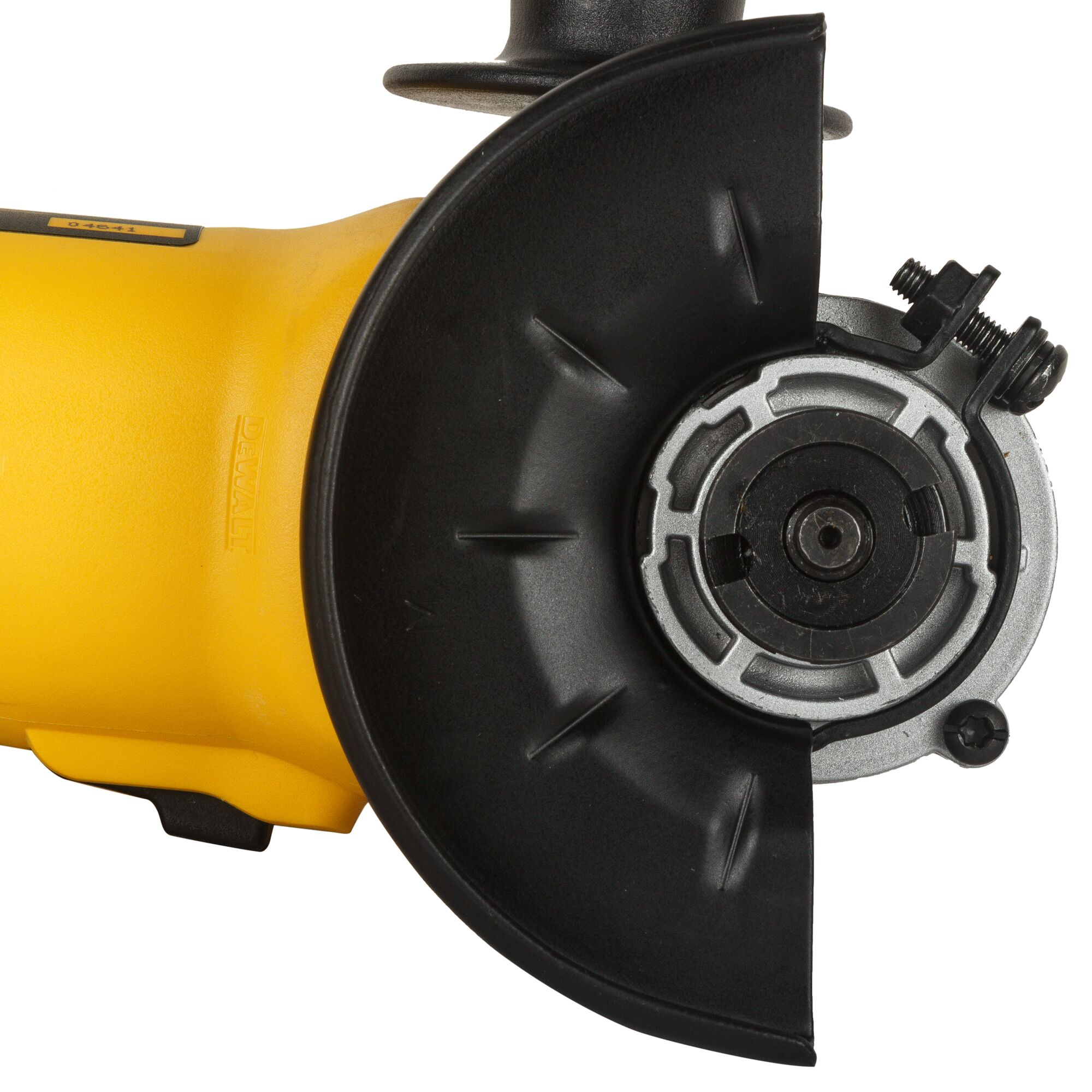 Close-up view of a DEWALT yellow angle grinder, showing the black protective guard and the metal spindle without a grinding wheel attached.