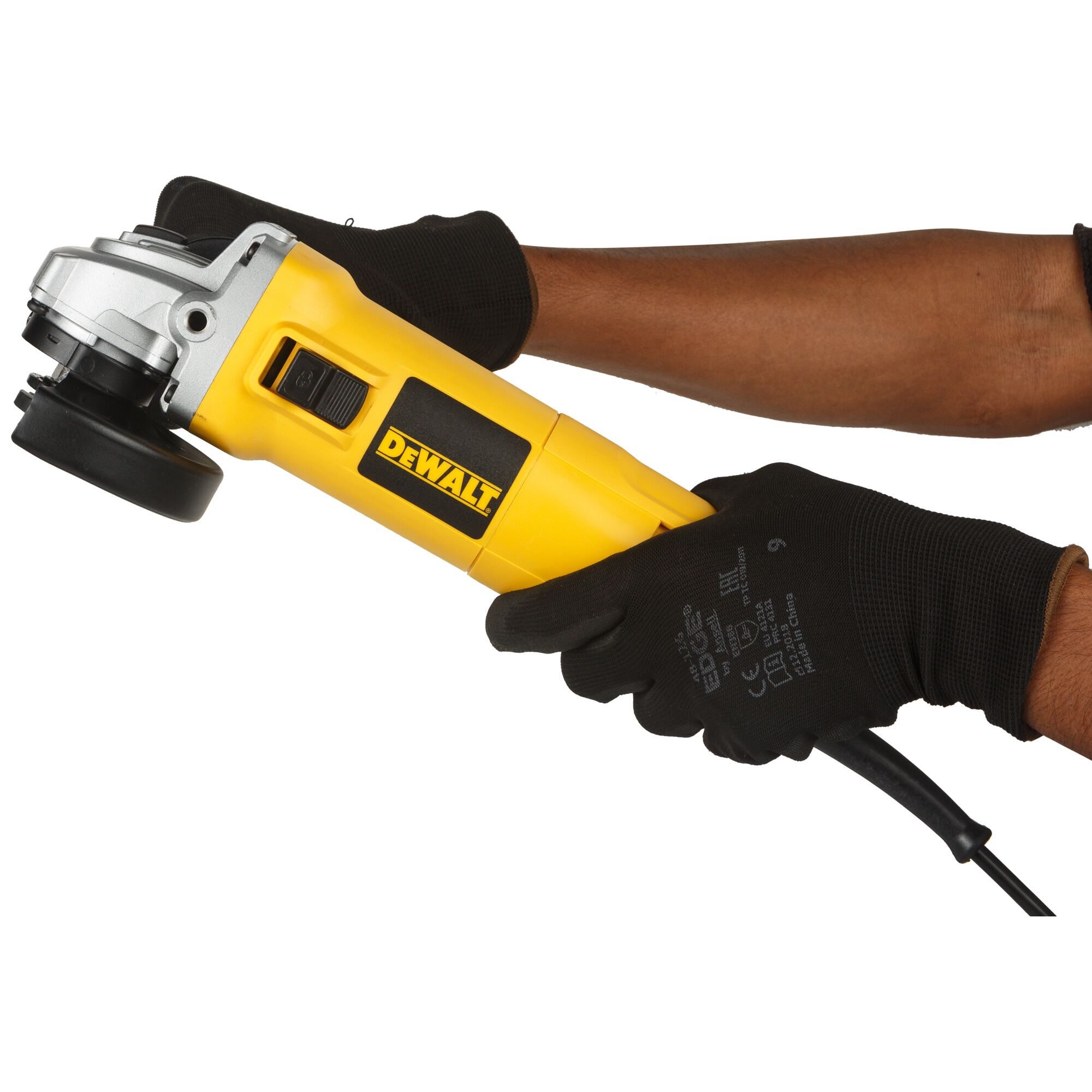 A person wearing black gloves holding a yellow DEWALT DW802 angle grinder against a white background.