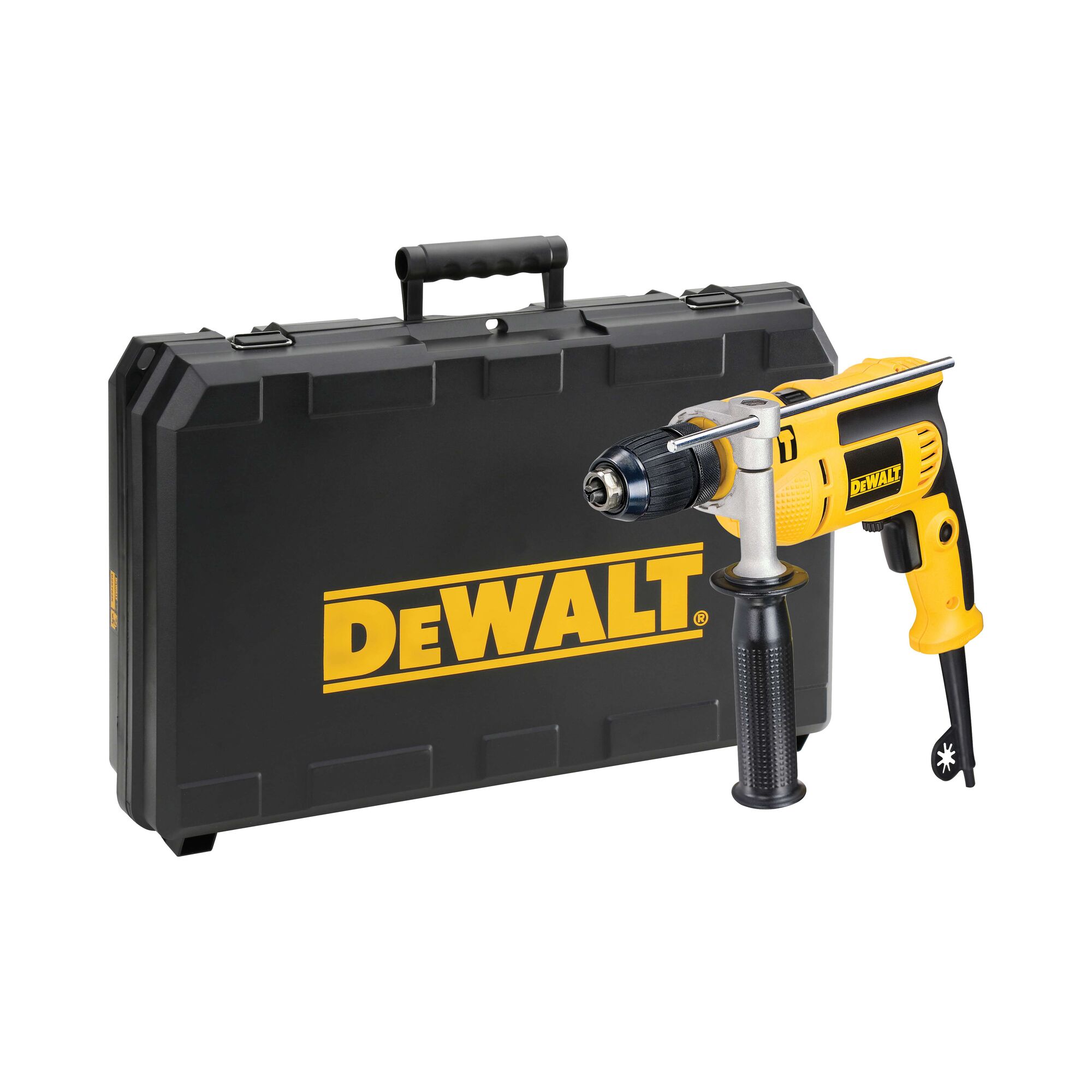 A yellow and black DEWALT electric drill with a side handle, placed in front of a black carrying case with the DEWALT logo.