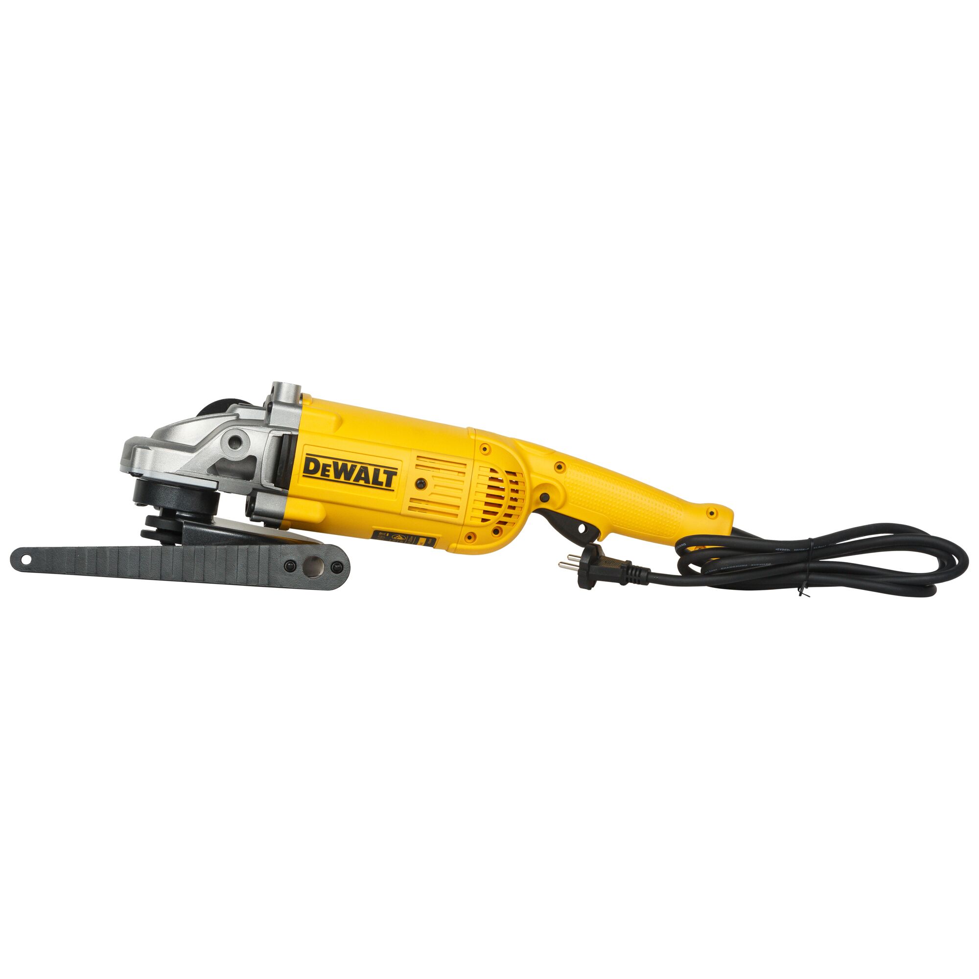 A yellow DEWALT electric power tool with a cord, shown in a side view. The tool has a metal grinding attachment and is designed for heavy-duty industrial use.