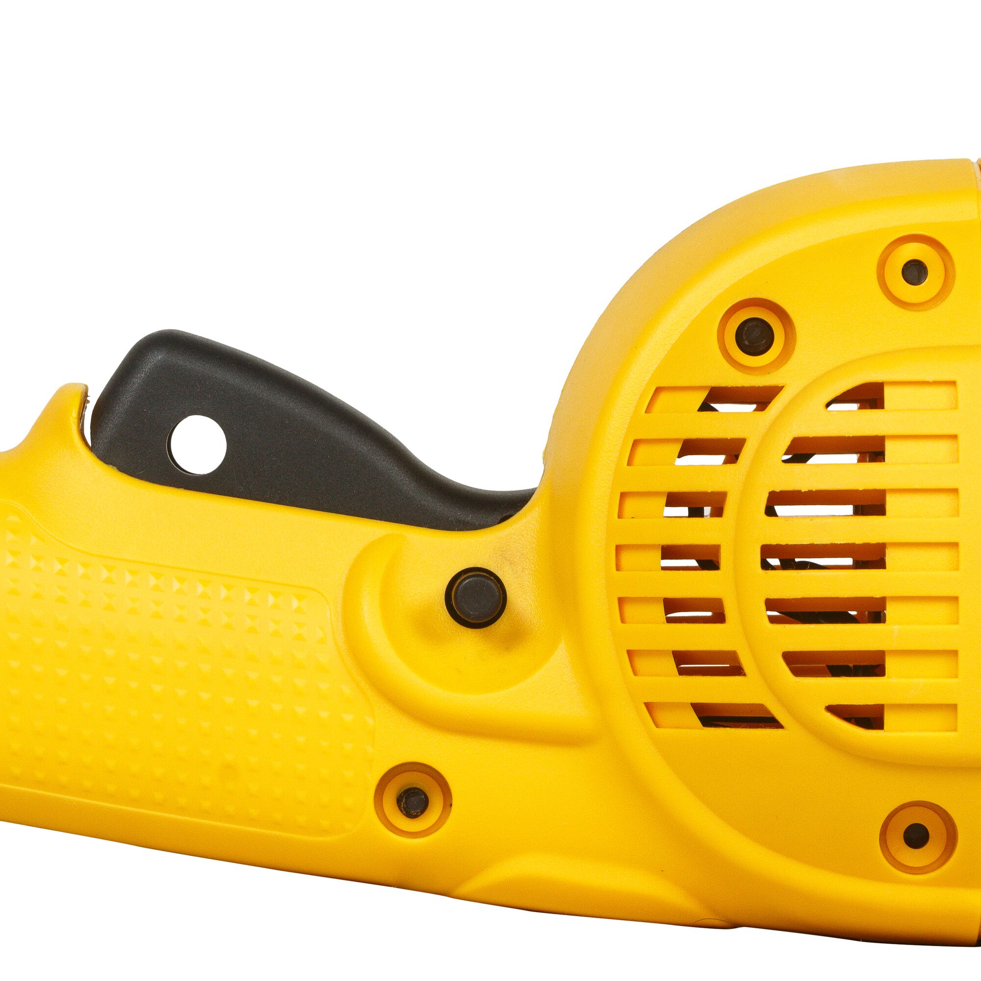 Close-up view of the handle and vented housing of a yellow DEWALT power tool, showing the textured grip and black trigger.