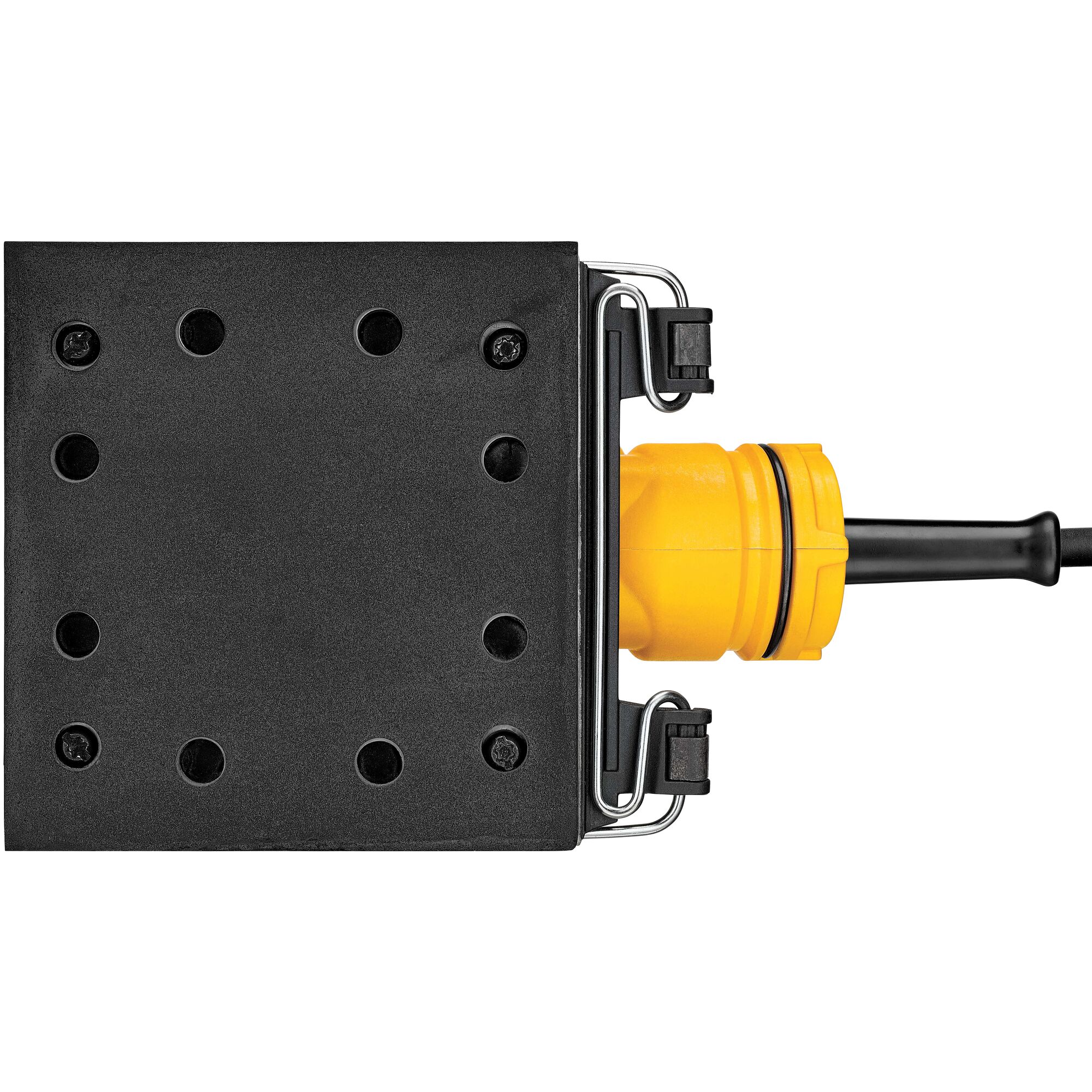 Close-up top view of a DEWALT electric palm sander with a black sanding pad and visible yellow housing, showing holes for dust extraction.