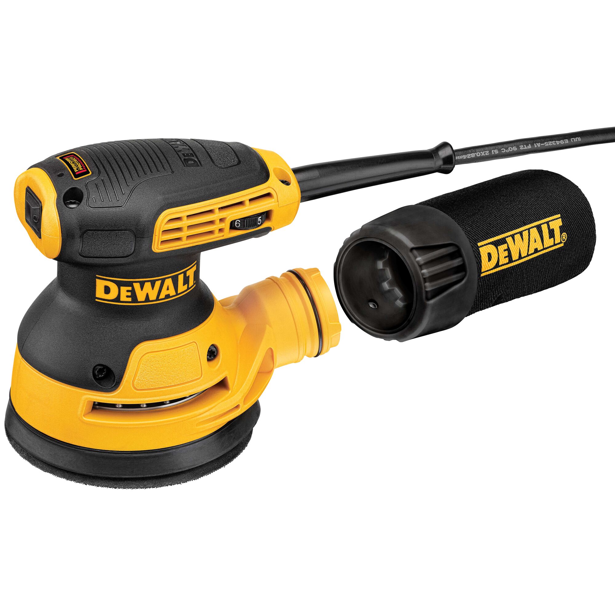A DEWALT DWE6423 random orbital sander in yellow and black with a removable dust bag, designed for surface finishing and sanding tasks.