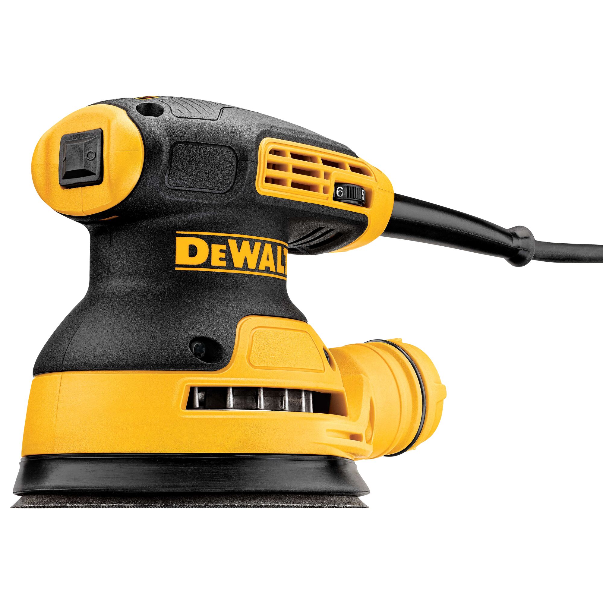 A DEWALT electric random orbital sander, model DWE6423, shown in black and yellow, with a power cord attached. The sander has a visible speed control dial and is designed for smooth sanding finishes.