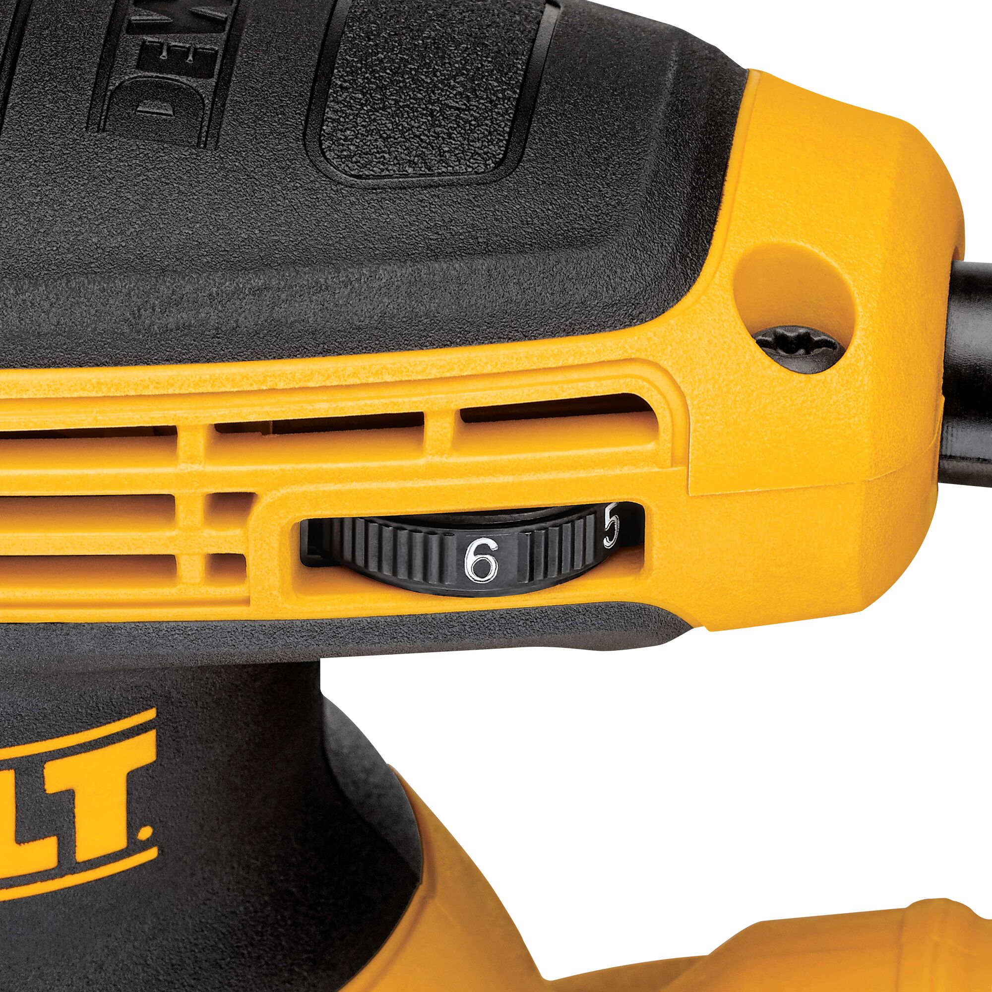 Close-up of a DEWALT power tool showing the speed adjustment dial with numbers 5 and 6 clearly visible. The tool has a yellow and black design.