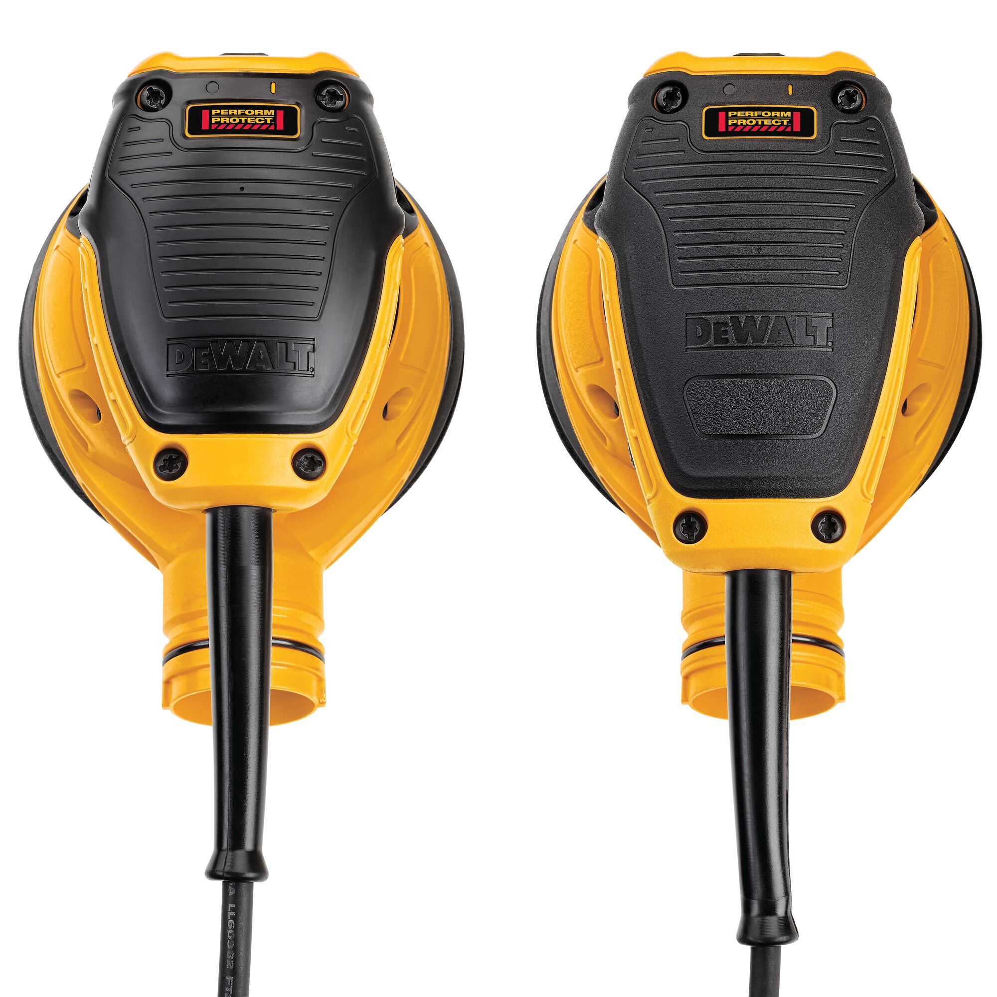 Two DEWALT DWE6423 yellow and black electric power sanders are shown from above, highlighting the Perform and Protect label and the cord attachment.
