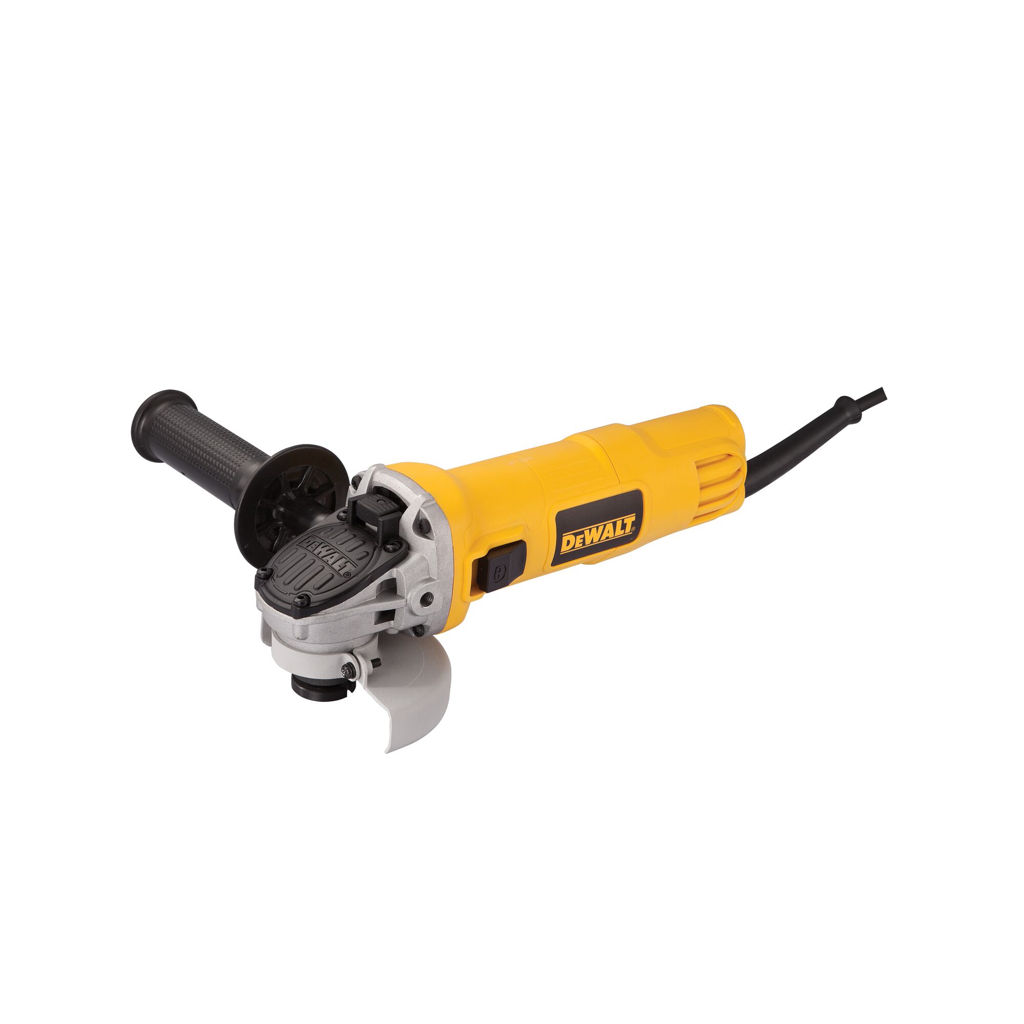 A DEWALT DWE8100S yellow and black electric angle grinder with a side handle and power cord, shown on a white background.
