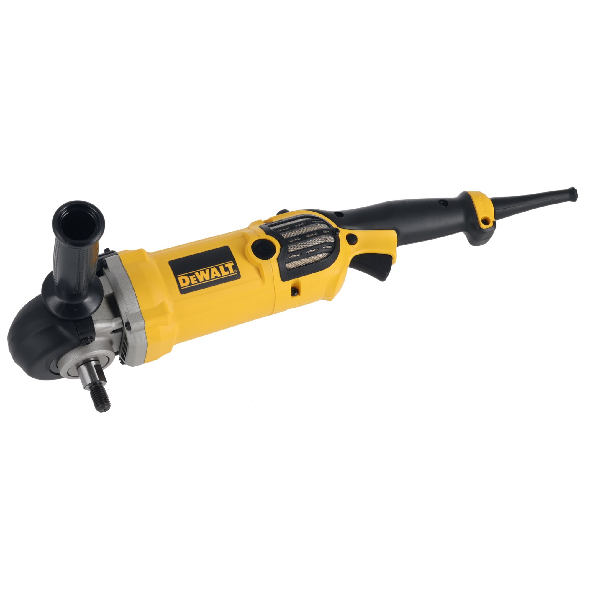 A DEWALT power tool, specifically a yellow and black handheld polisher, with a side handle attachment.