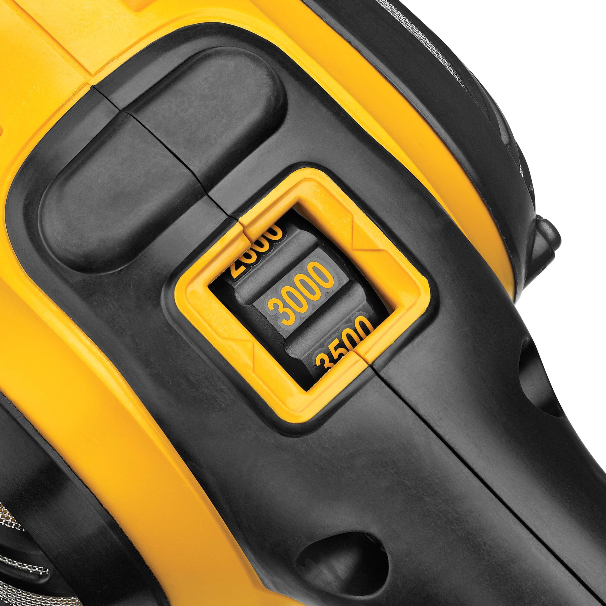 Close-up view of the speed control dial on a DEWALT power tool, showing selectable speed settings of 2500, 3000, and 3500 rpm in yellow and black.