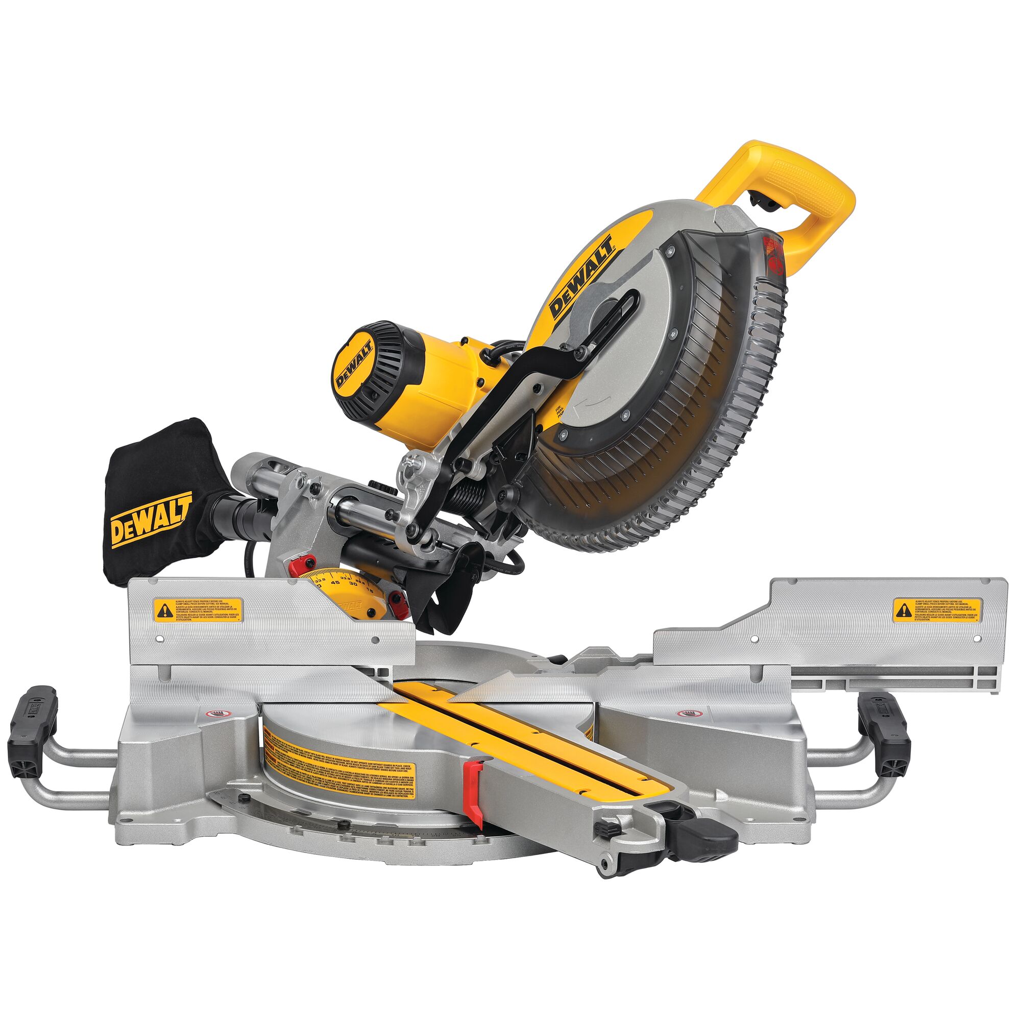 A DEWALT DWS780 sliding compound miter saw with a yellow and black handle, a dust bag, and adjustable metallic base on a white background.