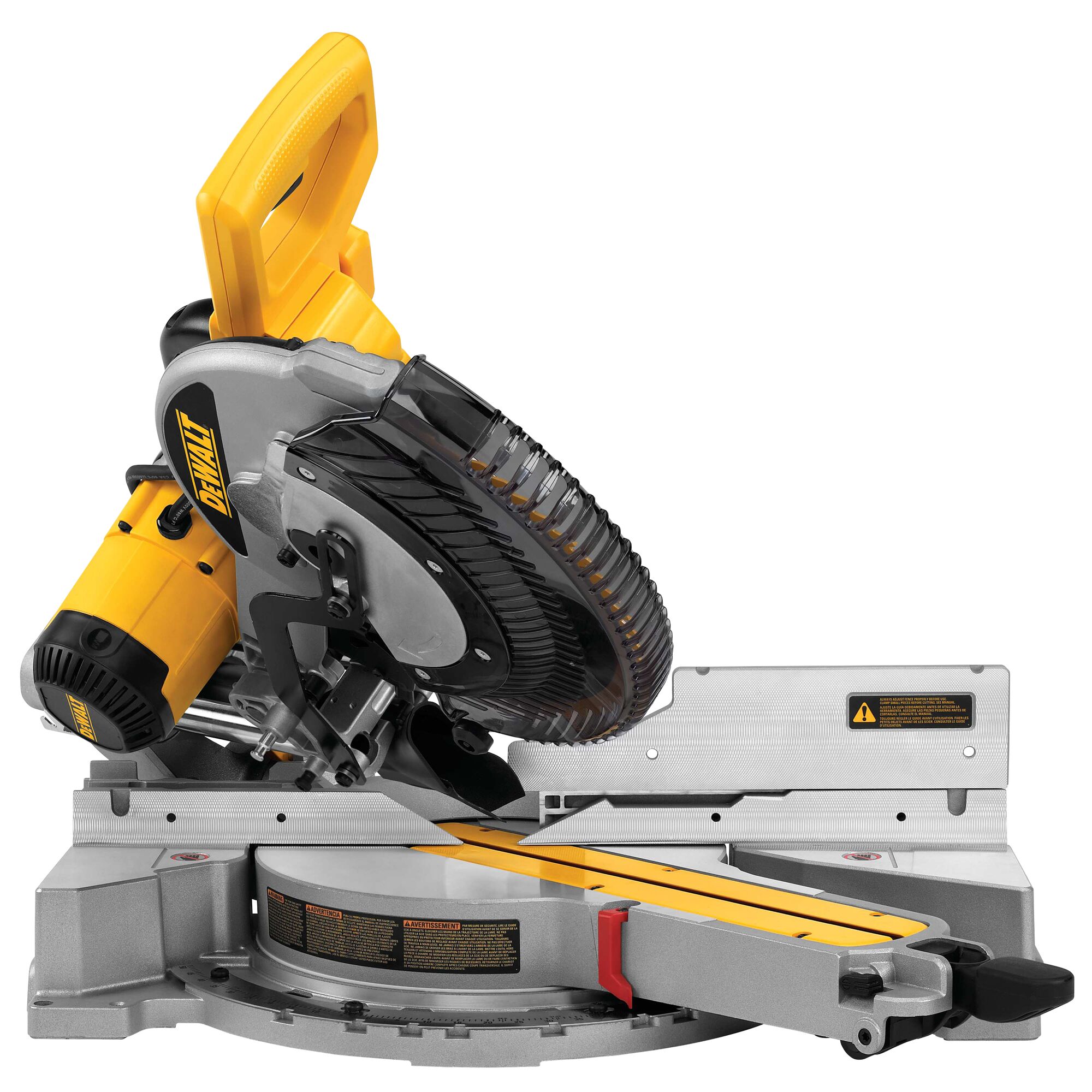 A DEWALT DWS780 sliding compound miter saw with a yellow and black design, featuring a prominent handle, angled blade guard, and a metal base with measurement markings.