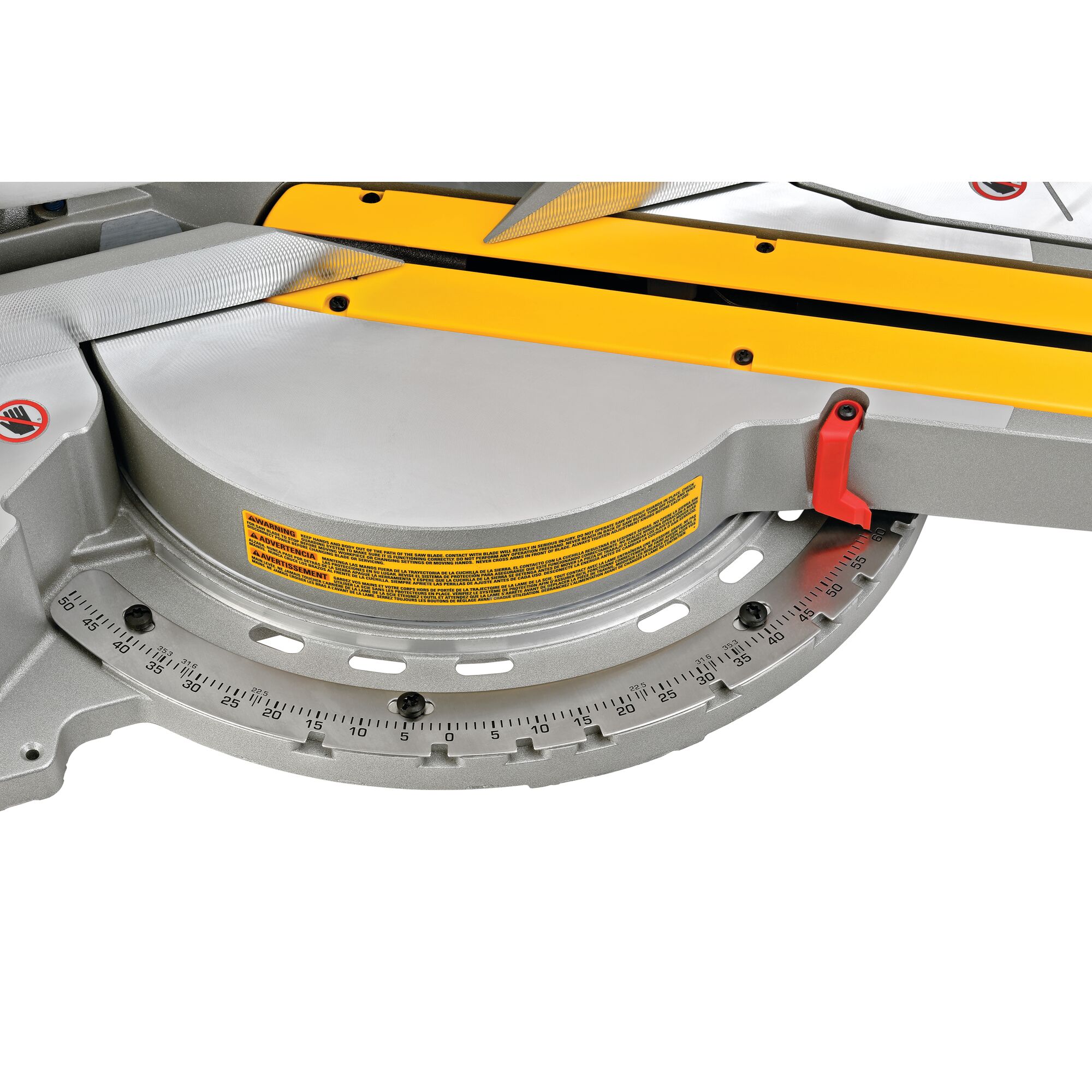 Close-up view of the base and angle adjustment scale of a DEWALT DWS780 miter saw, showing the yellow and grey parts with detailed degree markings and a red locking lever.