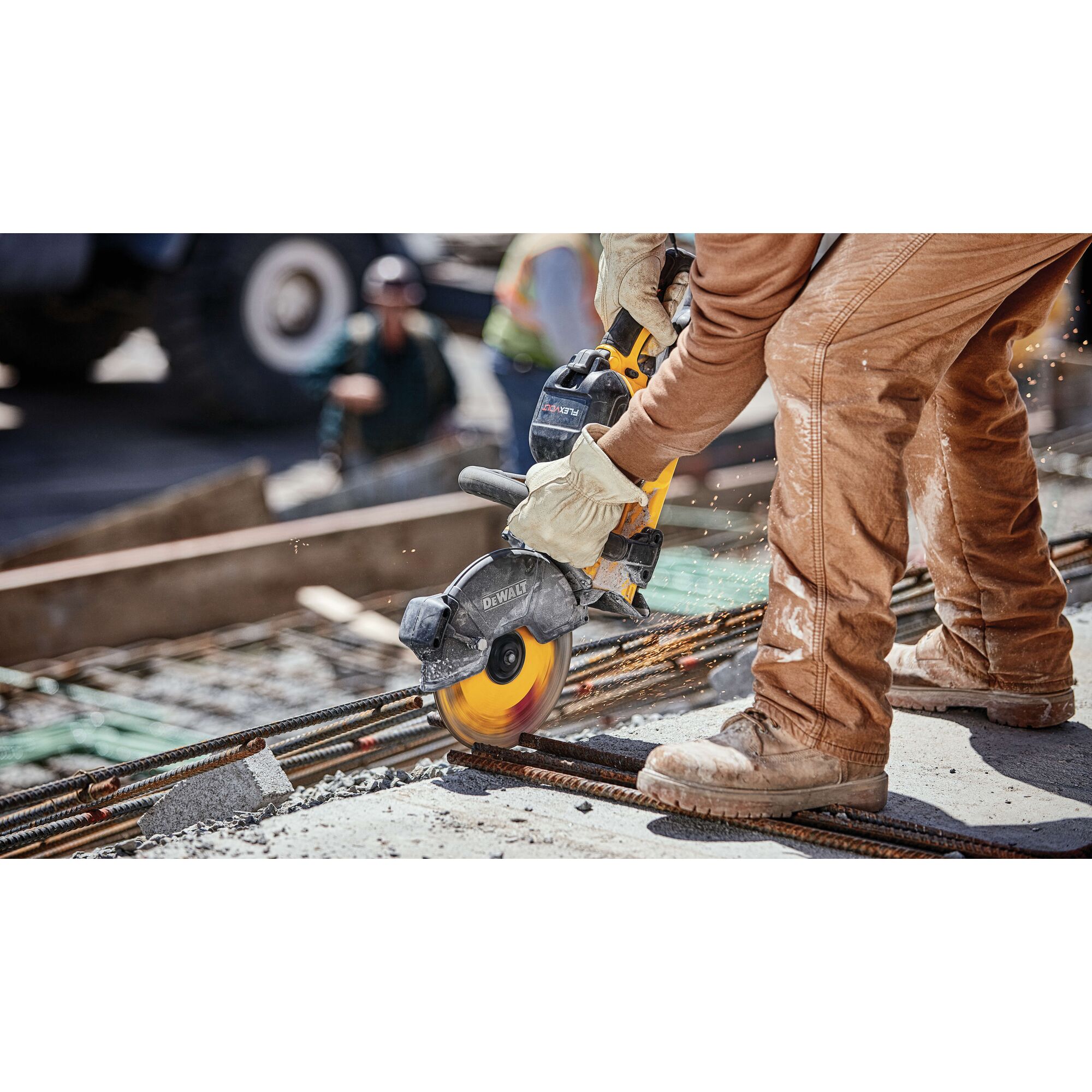20 Volt to 60 Volt 12 AMP hours Battery powering a Circular Saw being used by a construction worker to cut metal pipes at a construction site